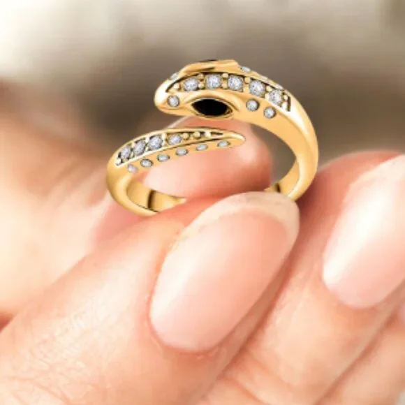 Black Glass and Simulated Diamond Snake Ring in ION Plated YG Stainless Steel - Picture 4 of 5